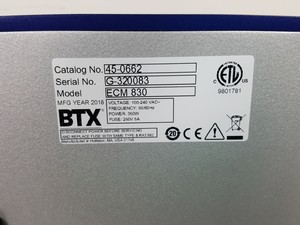 Thumbnail image of BTX ECM 830 Square Wave Electroporation System Cat No 45-0662 Lab - 2018