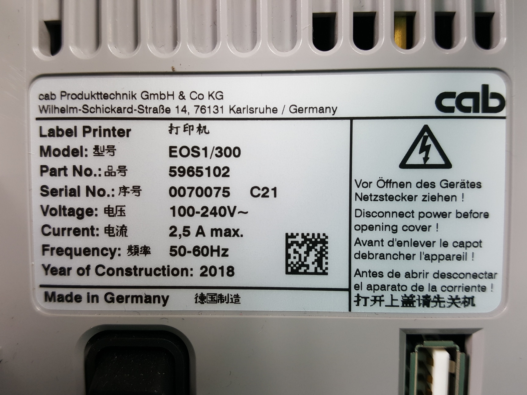 Image of cab Series EOS1 Touchscreen Label Printer Part no. 5965102 - 2018