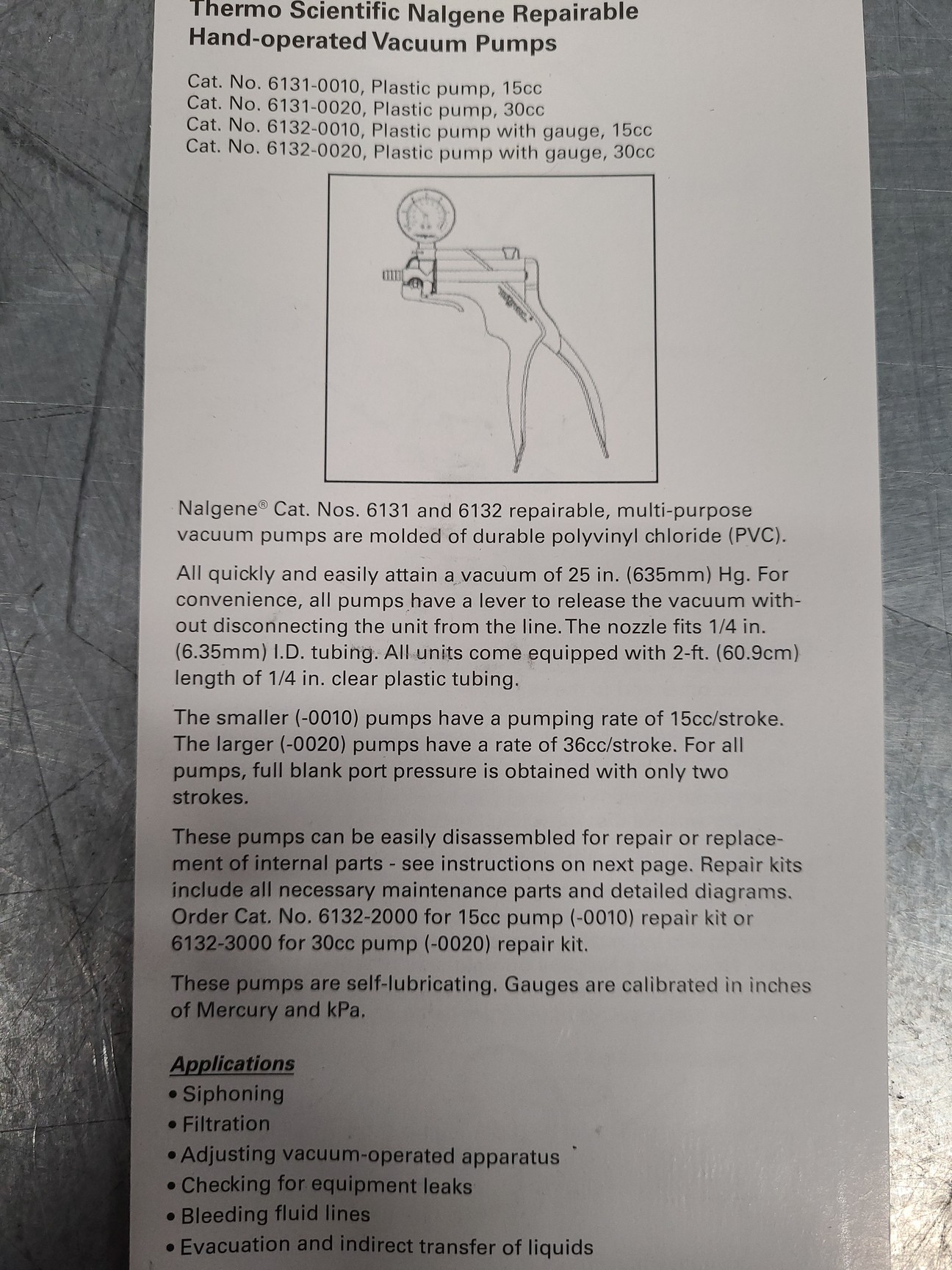 Image of Thermo Scientific Nalgene Repairable Hand Vacuum Pump 6131-0010 Lab