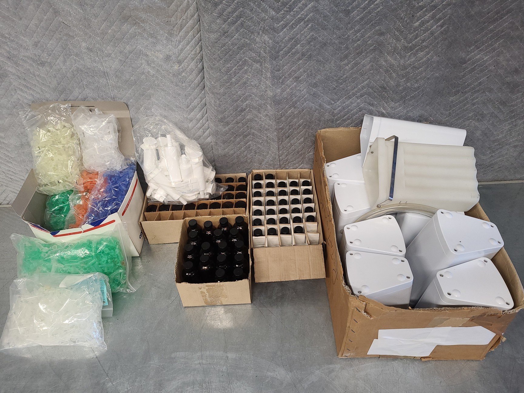 Image of Lot of Lab Consumables - CentrifugeTubes, Plastic Syringes, Bottles, Waste Bins