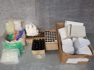 Thumbnail image of Lot of Lab Consumables - CentrifugeTubes, Plastic Syringes, Bottles, Waste Bins
