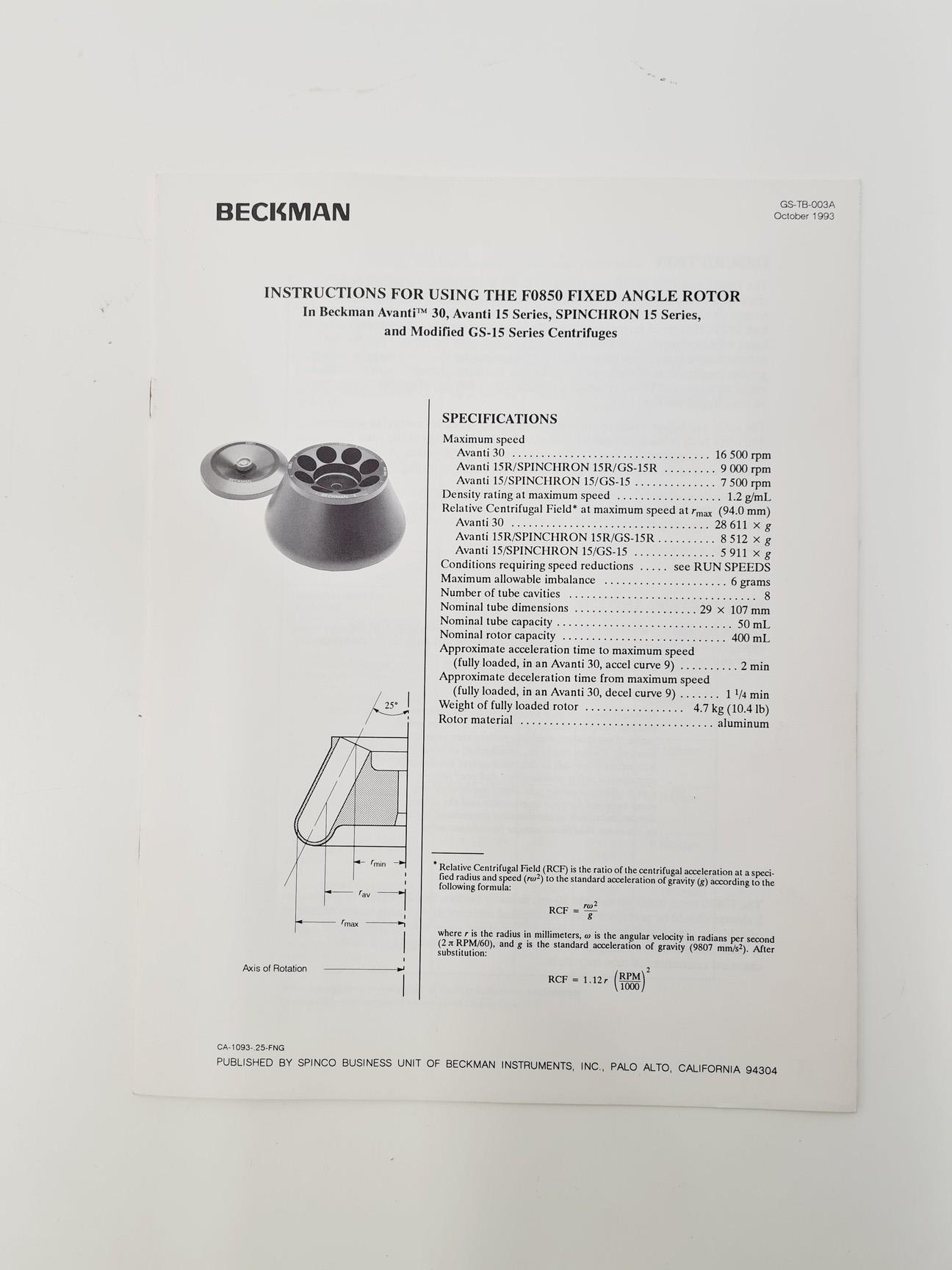 Image of Beckman Avanti 30 Compact Centrifuge with F0850 Rotor & Manual 