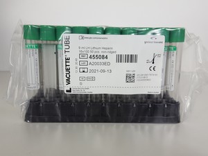 Thumbnail image of 22 Packs of 50 Vacuette Blood Collection Tubes 9ml LH Lithium Heparin EXPIRED