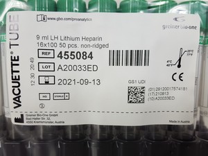 Thumbnail image of 22 Packs of 50 Vacuette Blood Collection Tubes 9ml LH Lithium Heparin EXPIRED