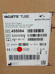 Thumbnail image of 22 Packs of 50 Vacuette Blood Collection Tubes 9ml LH Lithium Heparin EXPIRED