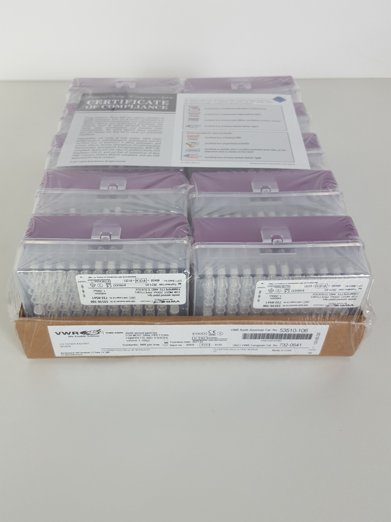 Image of 8 x Trays of 960 VWR Sterile Aerosol Pipette Tips 1-200uL Lab 732-0541, 53510-10