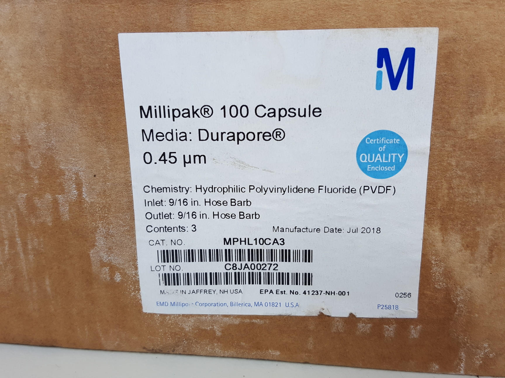 Image of 3 x Millipak 100 Capsule Durapore Membrane Hydrophilic 0.45um MPHL10CA3 Lab