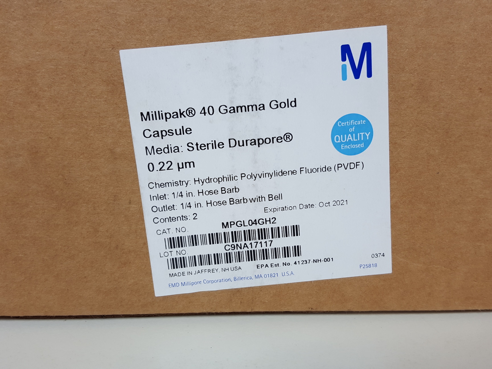 Image of Millipak 40 Gamma Gold Capsule Sterile Durapore 0.22 um. PVDF. Lab MPGL04GH2
