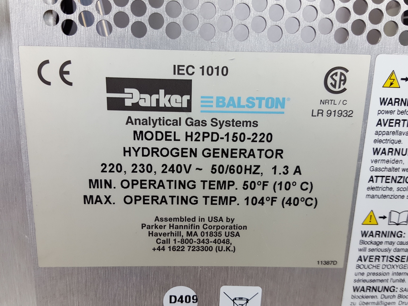 Image of Parker Balston H2PD-150-220 Hydrogen Generator & Manual Lab