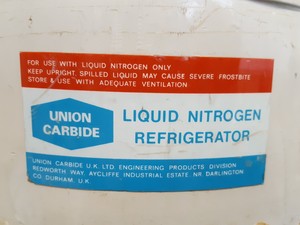 Thumbnail image of Union Carbide Liquid Nitrogen Refrigerator Tank/Dewar & Trolley Lab