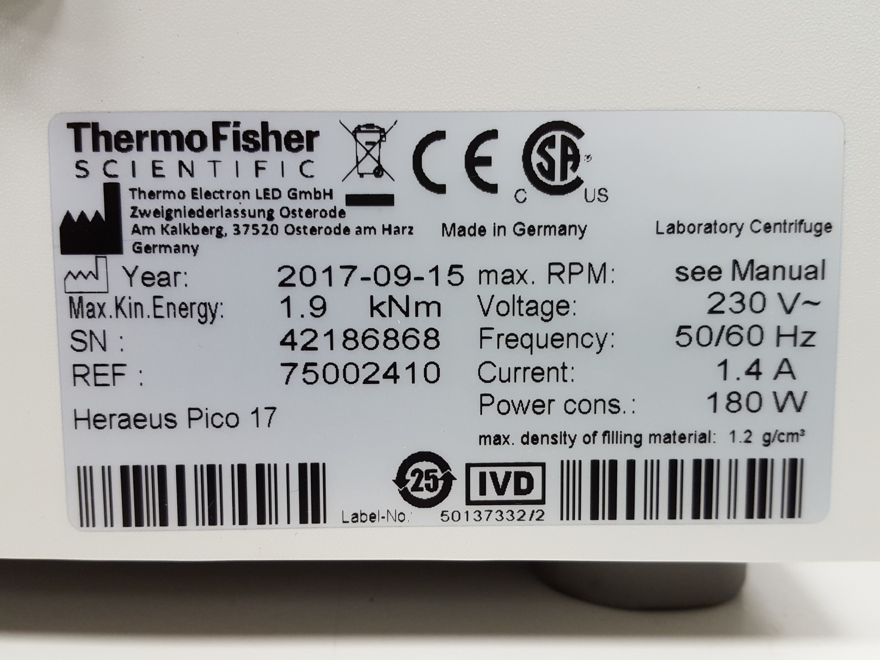 Image of Thermo Fisher Scientific Heraeus Pico 17 Benchtop Centrifuge Lab