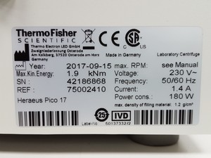 Thumbnail image of Thermo Fisher Scientific Heraeus Pico 17 Benchtop Centrifuge Lab
