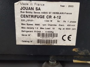 Thumbnail image of Jouan CR 412 Refrigerated Benchtop Centrifuge +6000rpm Microplate Rotor Lab