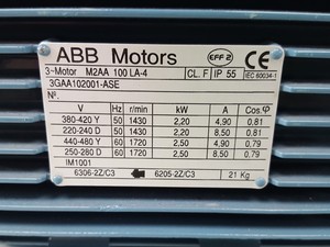 Thumbnail image of ABB Motors 3-Phase Squirrel Cage Motor 3GAA102001-ASE M2AA 100 LA-4