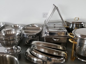 Thumbnail image of Large Lot of Stainless Steel Catering Kitchen Pots, Pans, Dishes, Trays & Bowls