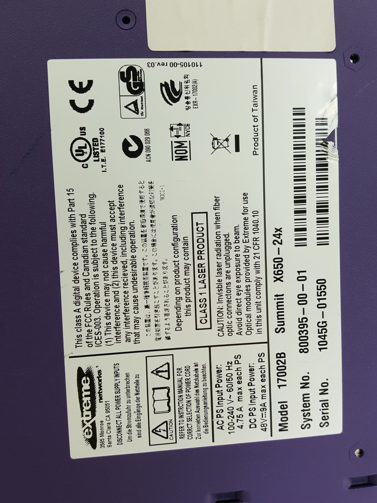 Image of Extreme Networks Summit X650-24x  Model - 17002B Network Switch with PSU 