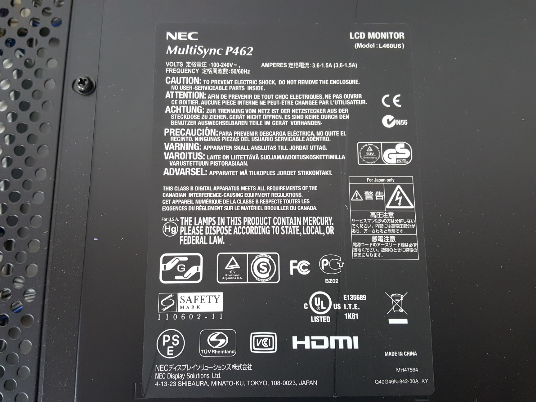 Image of NEC MultiSync P462 46" Monitor Model L46OU6 with 2 x Speakers SP-4046PV
