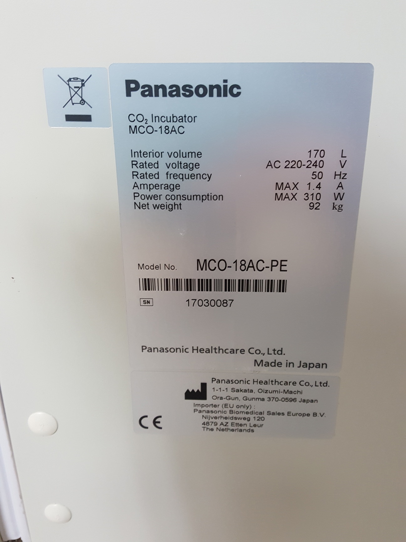 Image of Panasonic CO2 Laboratory Incubator  Model - MCO-18AC-PE Lab