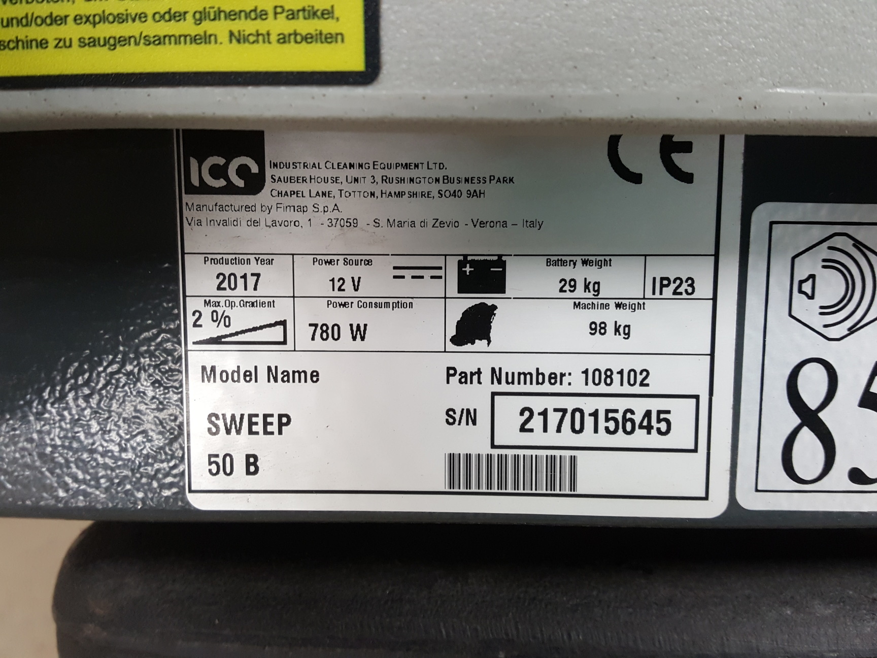 Image of Ice Sweep 50 B Sweeping Machine PN - 108102 Industrial Commercial Floor Cleaner