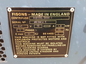 Thumbnail image of Fisons MSE Mistral 3000i Centrifuge w/ 3600rpm 750ml Swing Bucket Rotor Lab