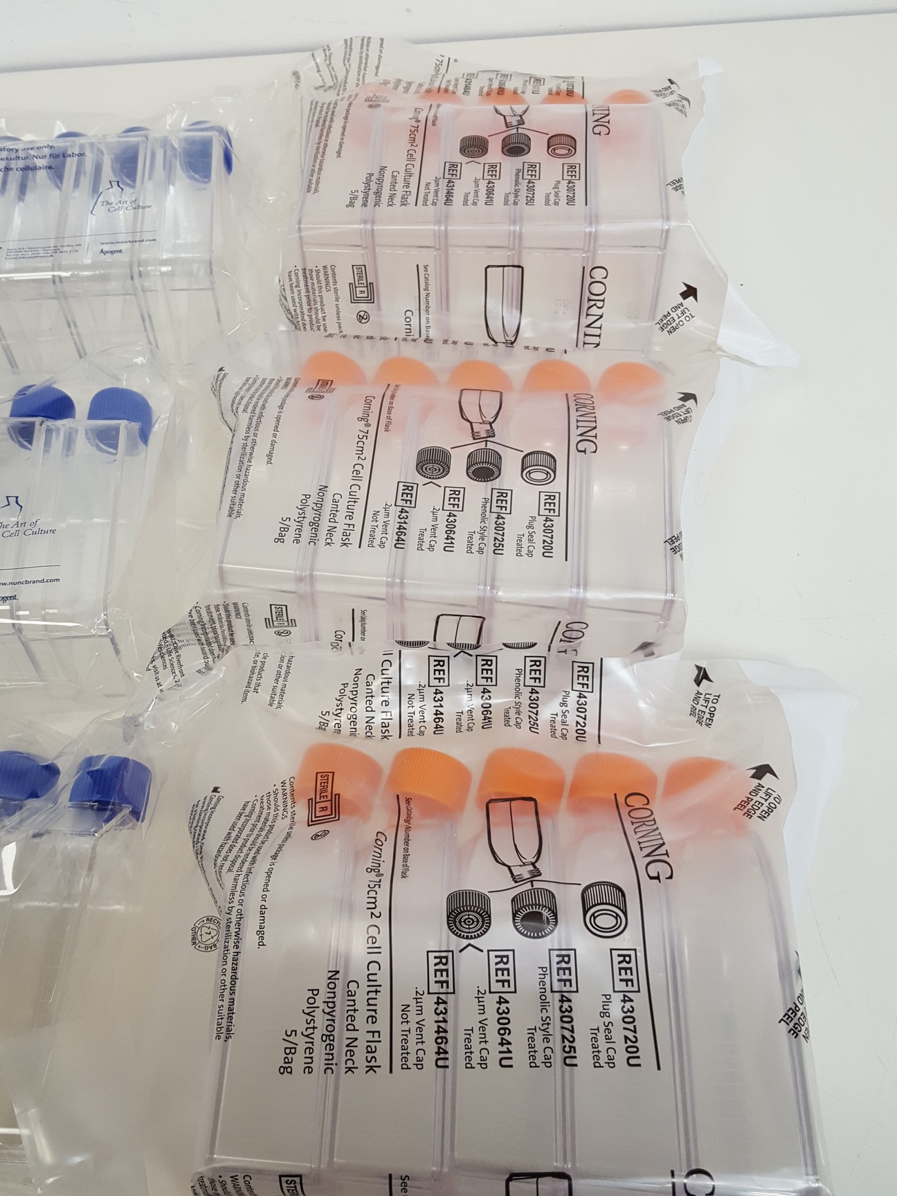 Image of 9 x Bags of 5 x Cell Culture Flasks - Corning 75cm2 & Nunclon Surface 200ml Lab