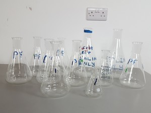 Thumbnail image of 25 x Conical Glass Lab Flasks - 5000ml, 3000ml, 2000ml, 1000ml, 500ml, 250ml,