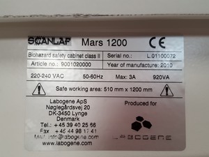 Thumbnail image of SCANLAF Mars 1200 Safety Class 2 Microbiological Safety Cabinet Lab