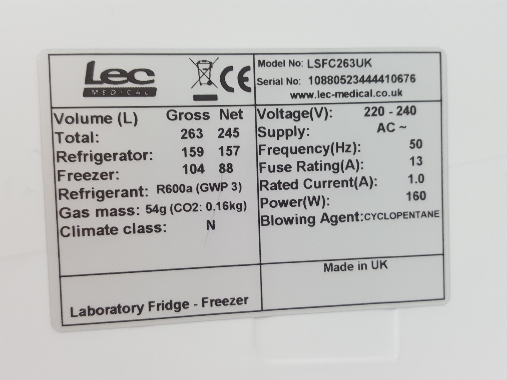 Image of LEC Fridge Freezer Mod No. LSFC263 Lab