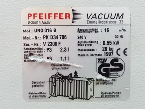Thumbnail image of Pfeiffer UNO 016 B Rotary Vane Vacuum Pump Mod. - Nr PK D34 706