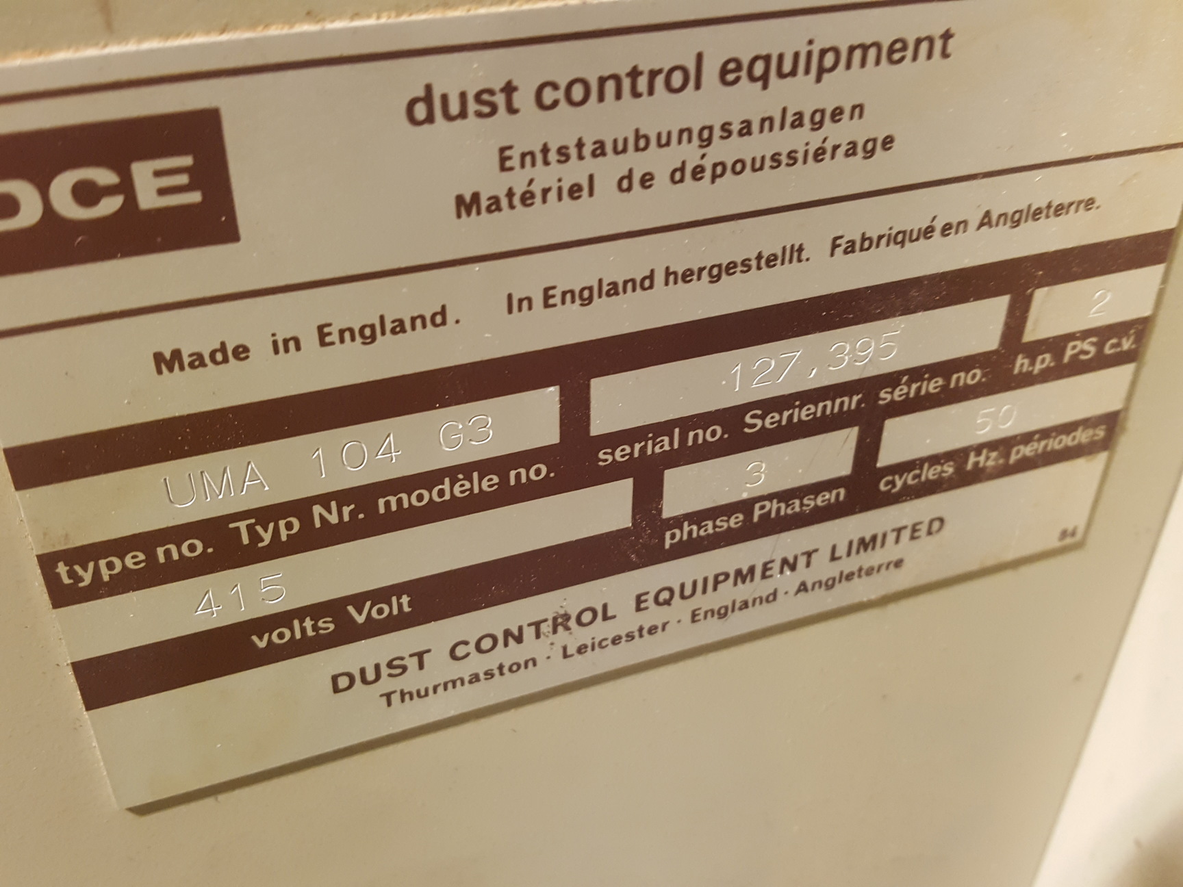 Image of DCE Dust Extractor Control Unit Model No UMA 104 G3 Engineering 3ph 3-Phase 415v