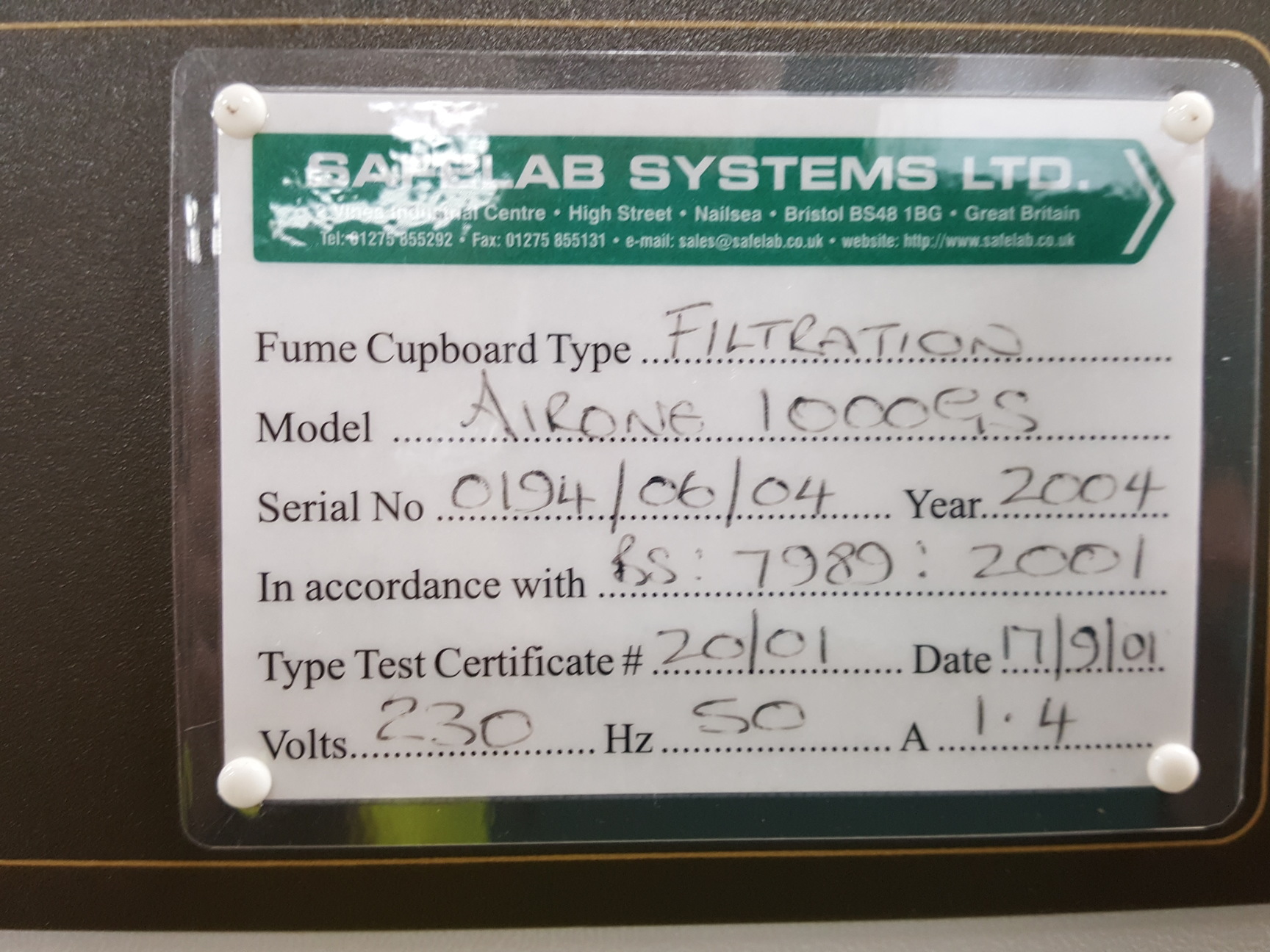 Image of Safelab Systems Flow Cabinet  Model - Airone 1000GS Lab Spares/Repairs