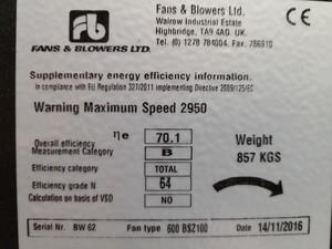 Thumbnail image of Fans & Blowers Ltd 600 BSZ100 Centrifugal Industrial Fan Parker AC30 Marine Lab