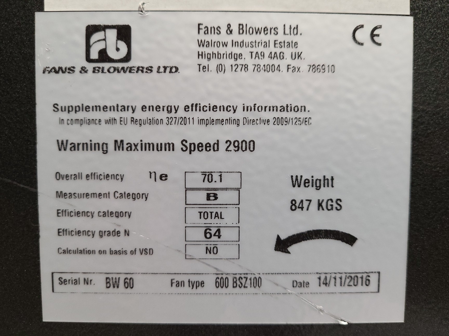 Image of Fans & Blowers Ltd 600 BSZ100 Centrifugal Industrial Fan System + Parker AC30
