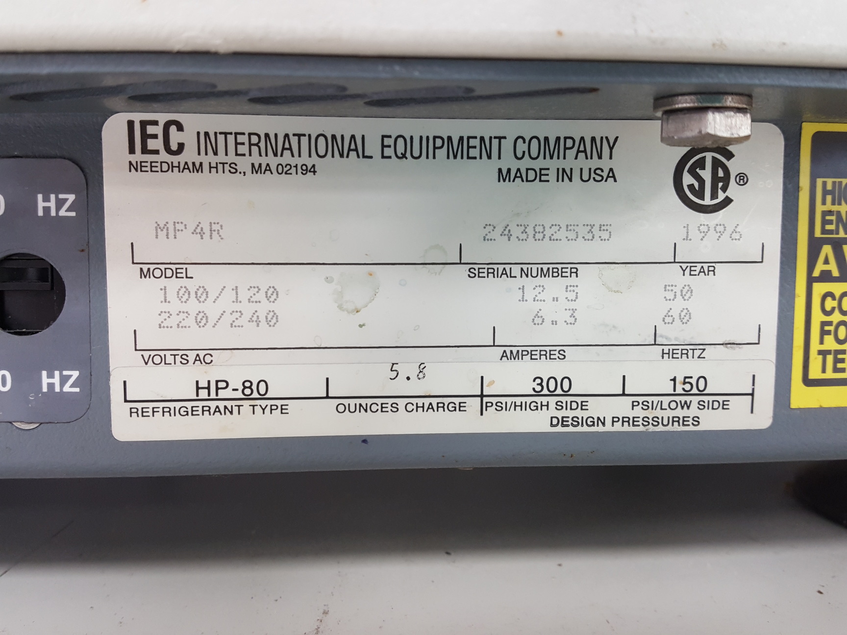 Image of IEC Centra Centrifuge  Model - MP4R with 3600rpm Rotor & Buckets Lab