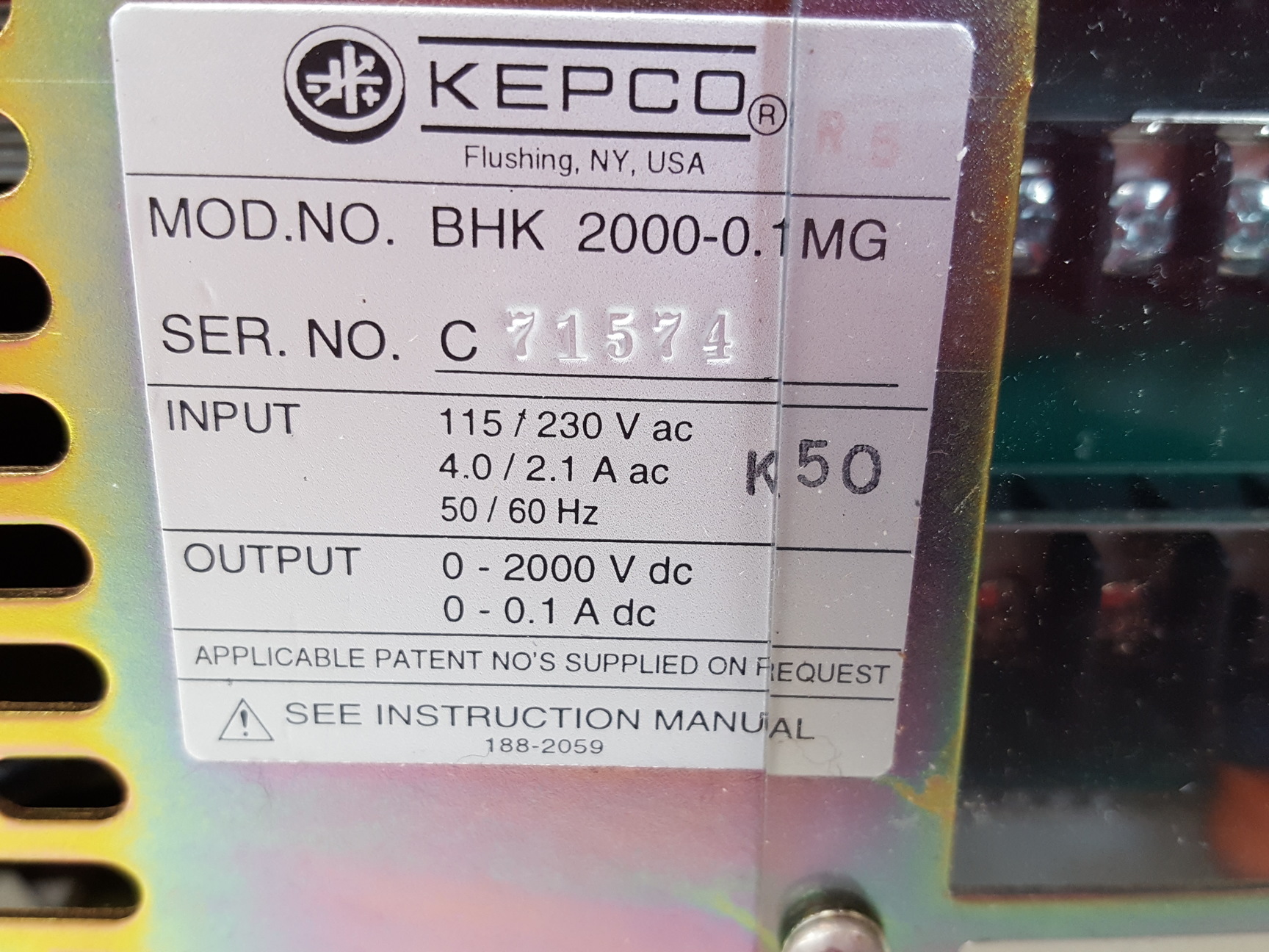 Image of Kepco High Voltage Power Supply  Model: BHK 2000-0.1MG Lab