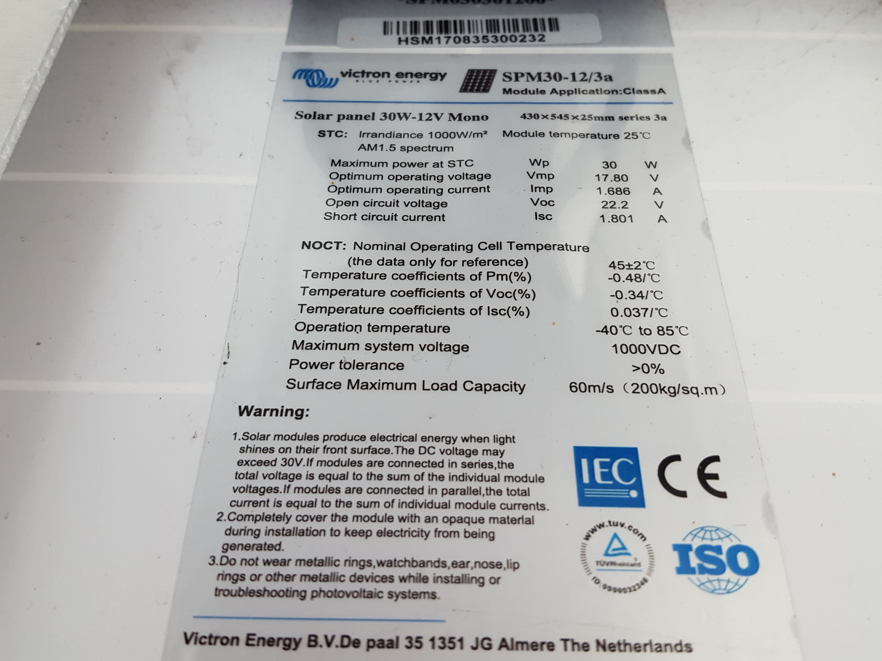 Image of 4x Victron Energy Blue Power Solar Panels  Model: SPM30-12/3a
