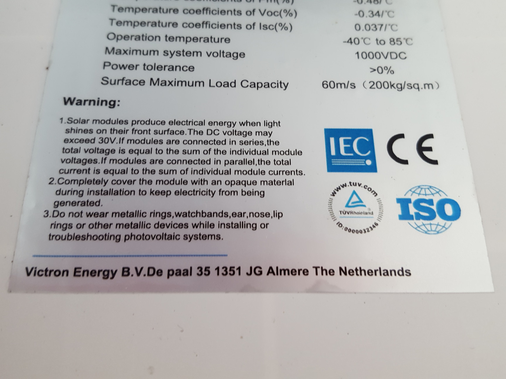 Image of 4x Victron Energy Blue Power Solar Panels  Model: SPM30-12/3a