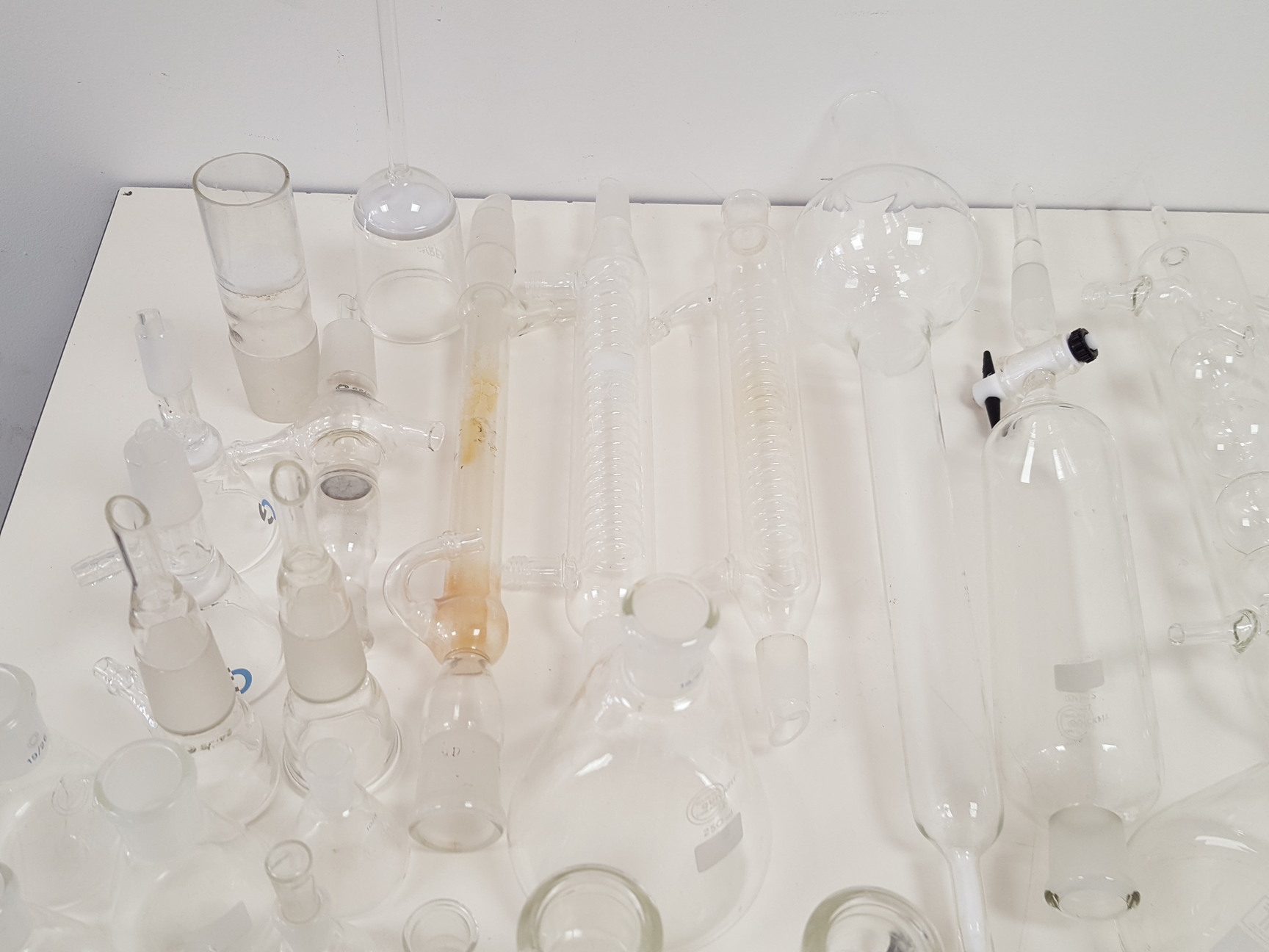 Image of Large Lot of Mixed Laboratory Glassware Flasks, Tubes, Distillation, Evaporators