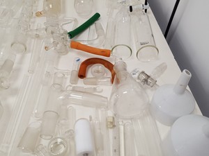 Thumbnail image of Large Lot of Mixed Laboratory Glassware Flasks, Tubes, Distillation, Evaporators