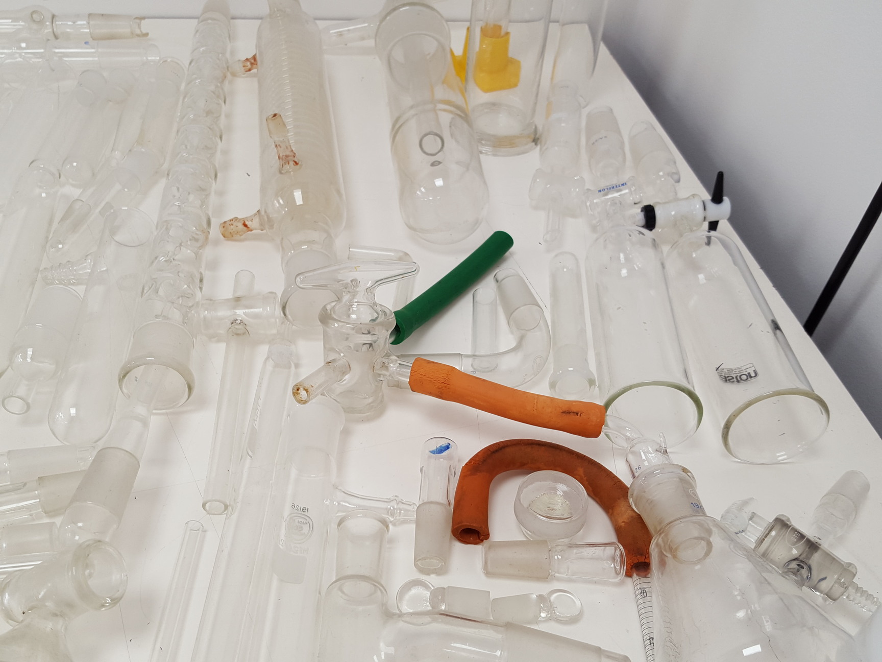 Image of Large Lot of Mixed Laboratory Glassware Flasks, Tubes, Distillation, Evaporators