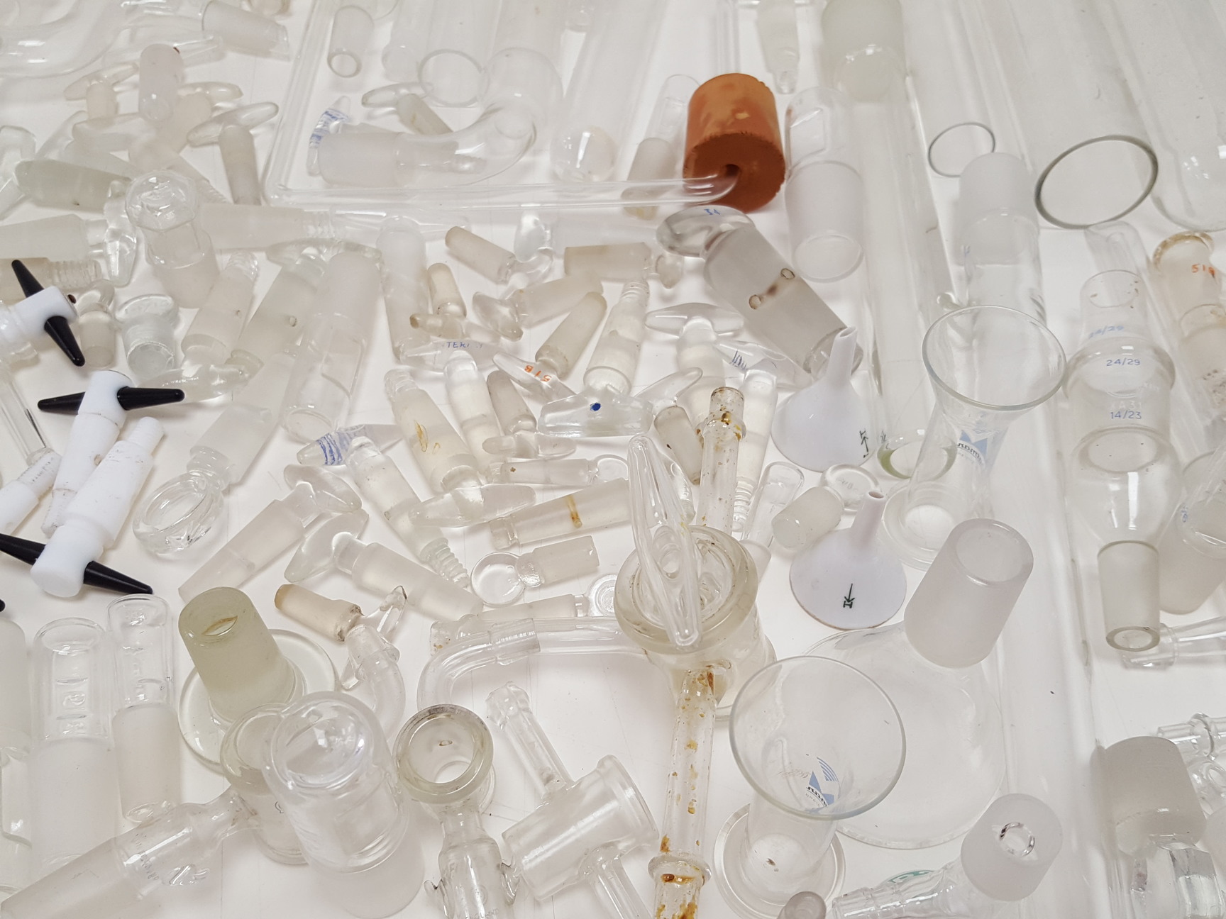 Image of Large Lot of Mixed Laboratory Glassware Flasks, Tubes, Distillation, Evaporators