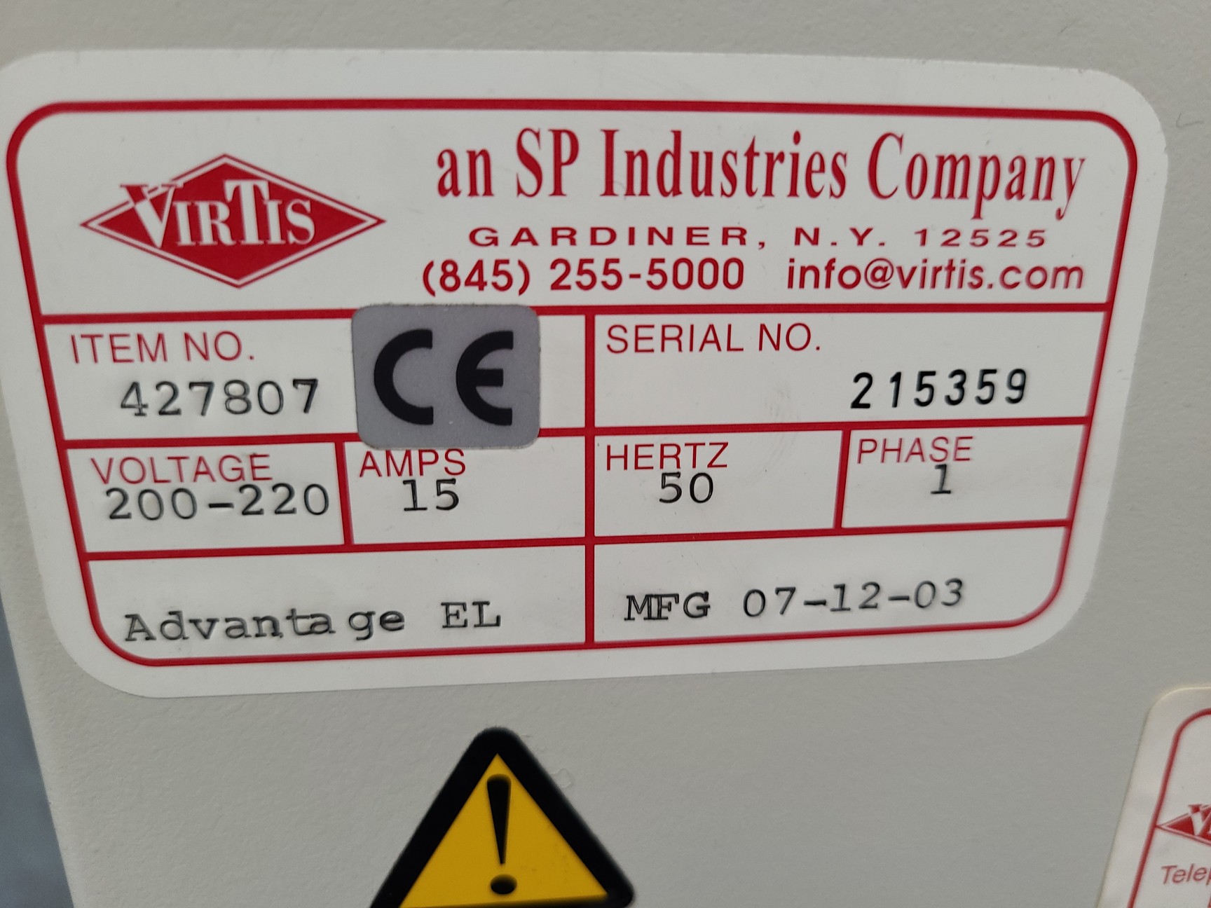 Image of Virtis Advantage Freeze Dryer and Trivac D4B Vacuum Pump Lab