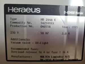 Thumbnail image of Heraeus Lamin Air HB 2448 K Class 2 Microbiological Safety Cabinet Lab + UV