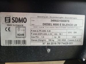 Thumbnail image of SDMO Diesel 6000E Silence Generator (2016) 5.2Kw, 92 dB, 110 & 230V 16 & 32 Amp 