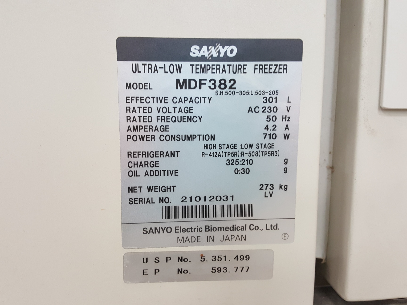 Image of Sanyo Ultra-Low Temperature Freezer  Model - MDF-382 Lab