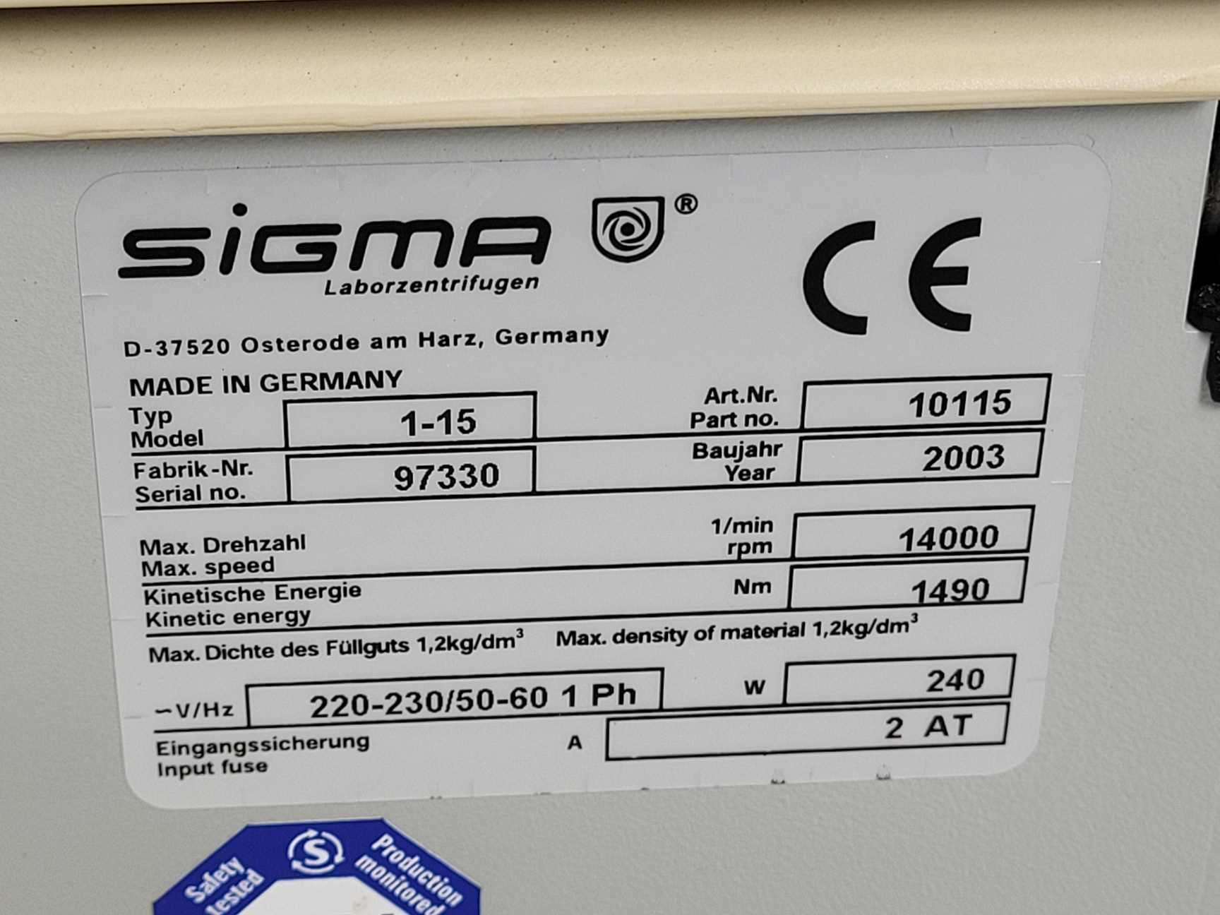 Image of Sigma Benchtop Laboratory Centrifuge  Model - 1-15 with Rotor 12124 Lab