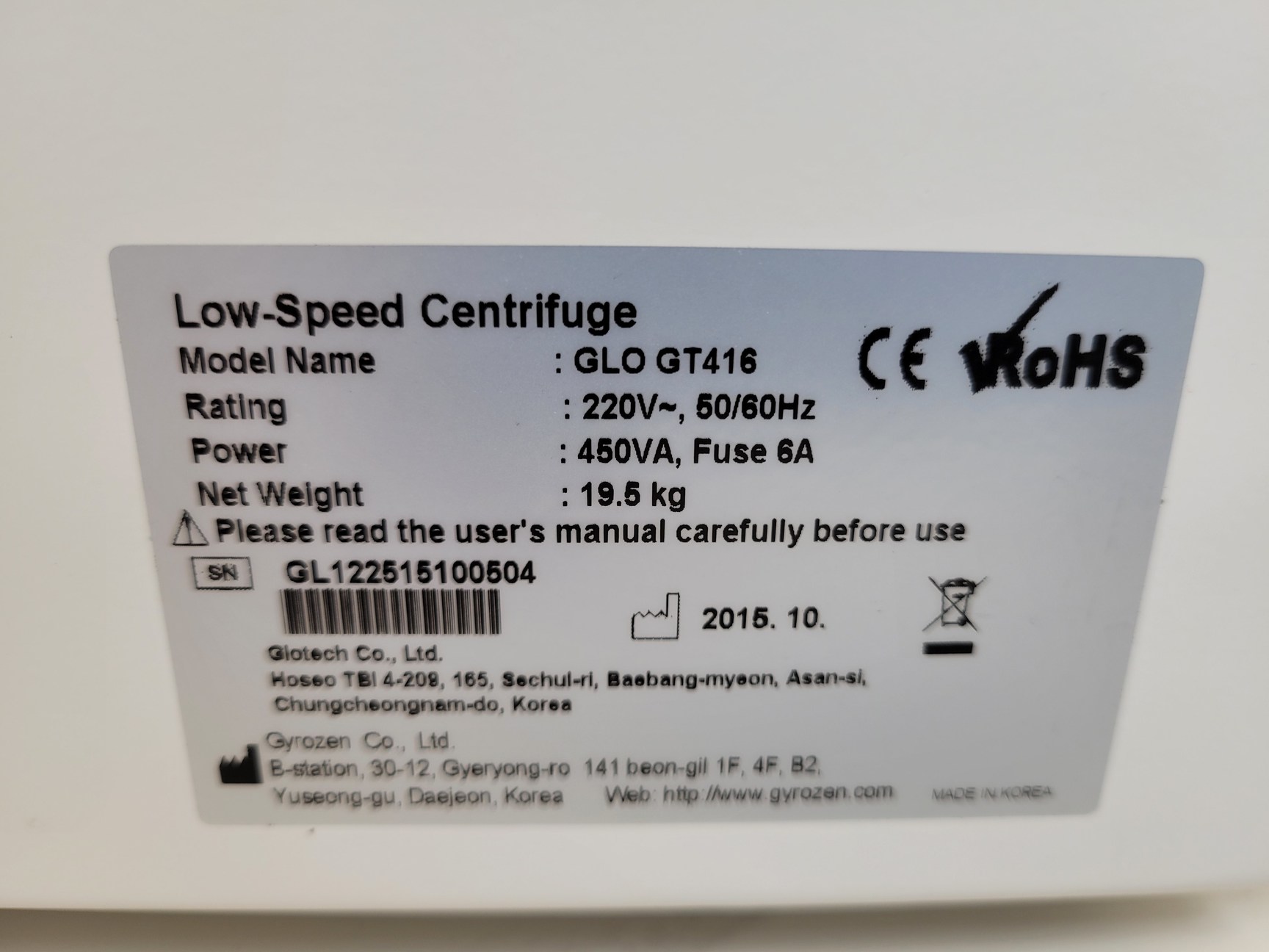 Image of GLO GT416 Low-Speed Benchtop Laboratory Centrifuge with GRS-10-4 Rotor lab