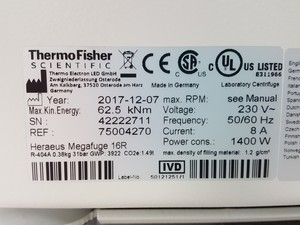 Thumbnail image of Thermo Scientific Heraeus Megafuge 16R Centrifuge & TX-400 5000rpm Rotor Lab