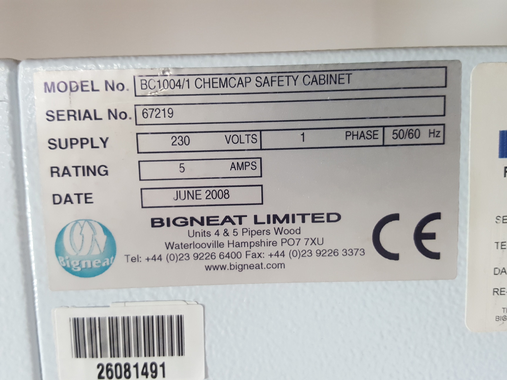 Image of Bigneat Containment Technology Model BC1004/1 Chemcap Safety Cabinet  Lab