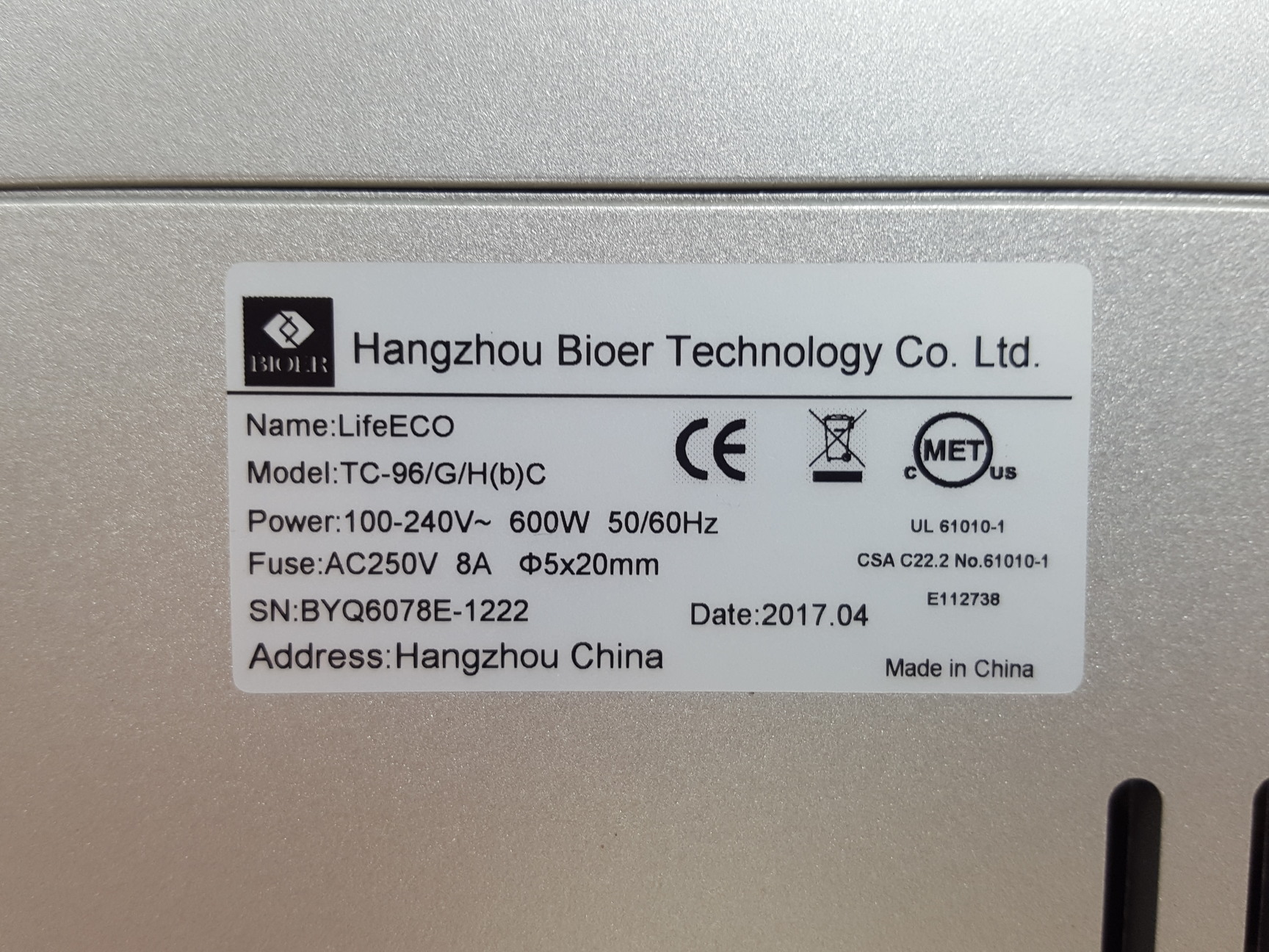 Image of BIOER PCR Thermal Cycler Life ECO  w/ Software Ver 2.04 Lab